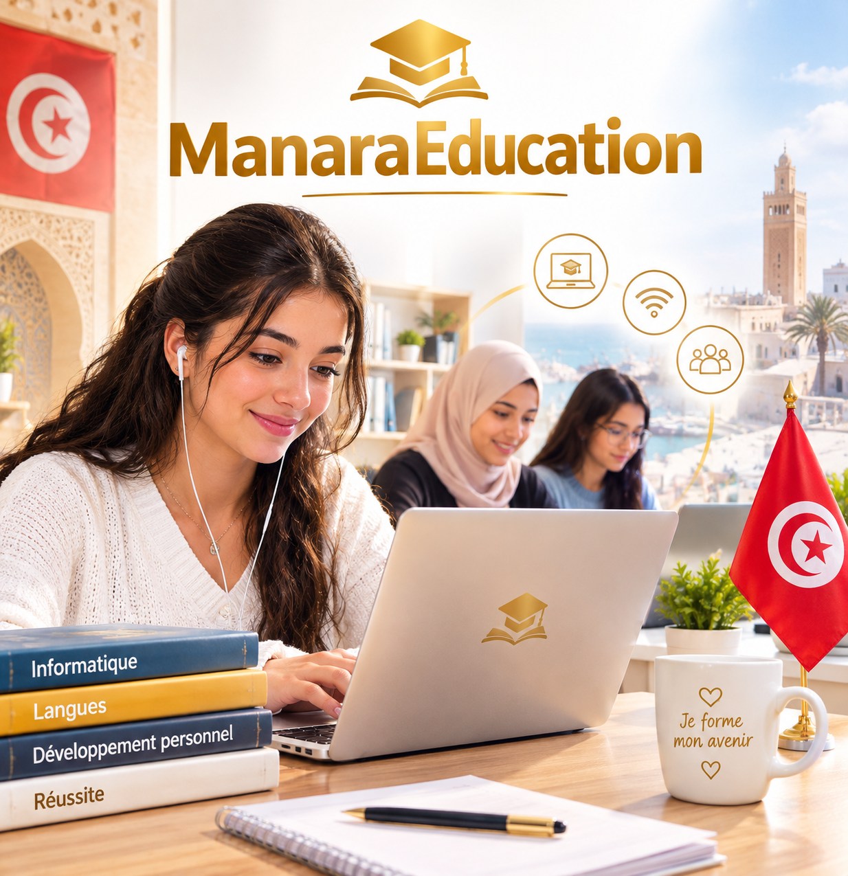 La Tunisie illuminée, entre médina, désert et océan — symbole ManaraEducation